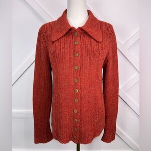 Inis Meain 100% Baby Alpaca Ribbed Collared Cardigan Sweater Rust Red Ireland Lg